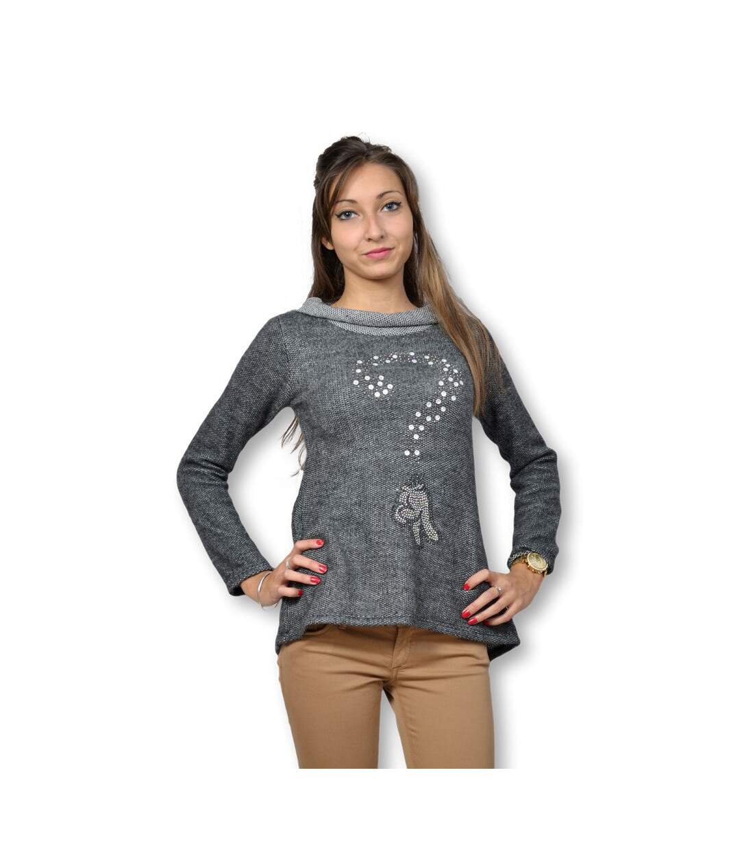 Pull femme manches longues de couleur gris col boule-1