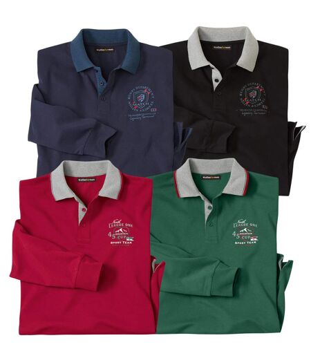 Pack of 4 Men's Long Sleeve Printed Polo Shirts - Black Navy Green Red