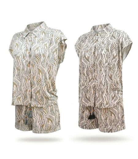 OZABI Pack 2 Pyjamas Courts Femme, Chemise Boutonnée et Short Imprimé Zébré