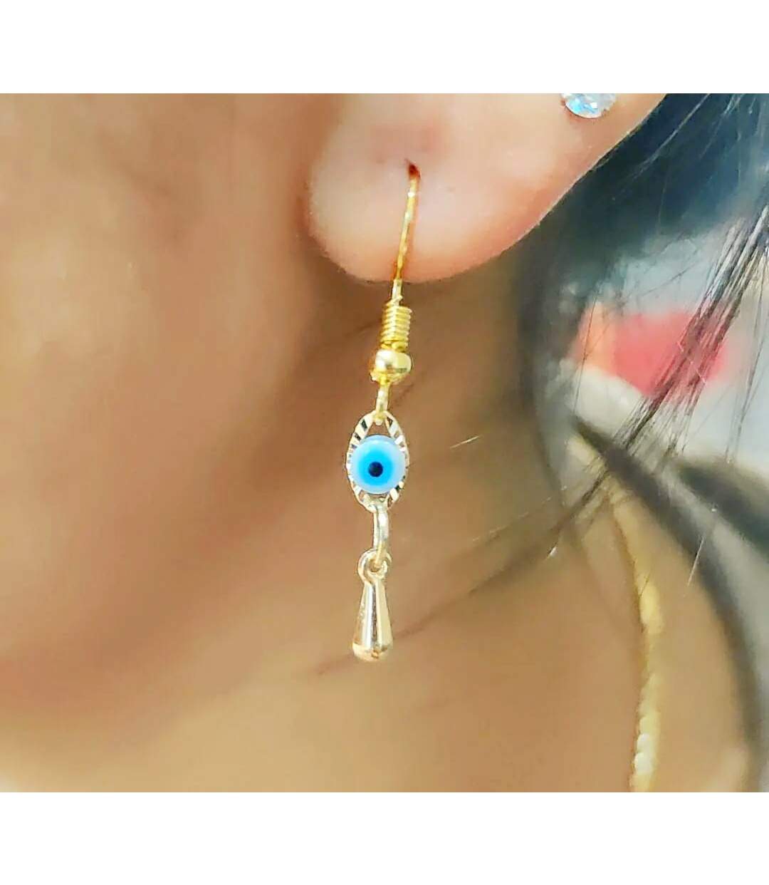 Handmade Turkish Evil Eye Protection Gold Plated Charm Dangle Drop Earrings-2