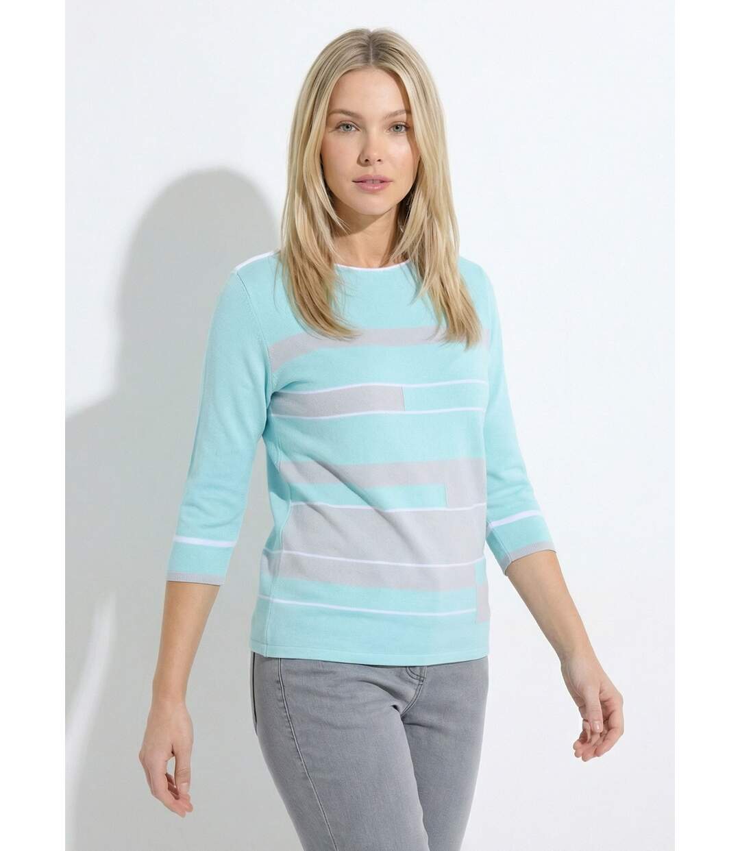Pull manches 3/4 col bateau jacquard rayé devant-1