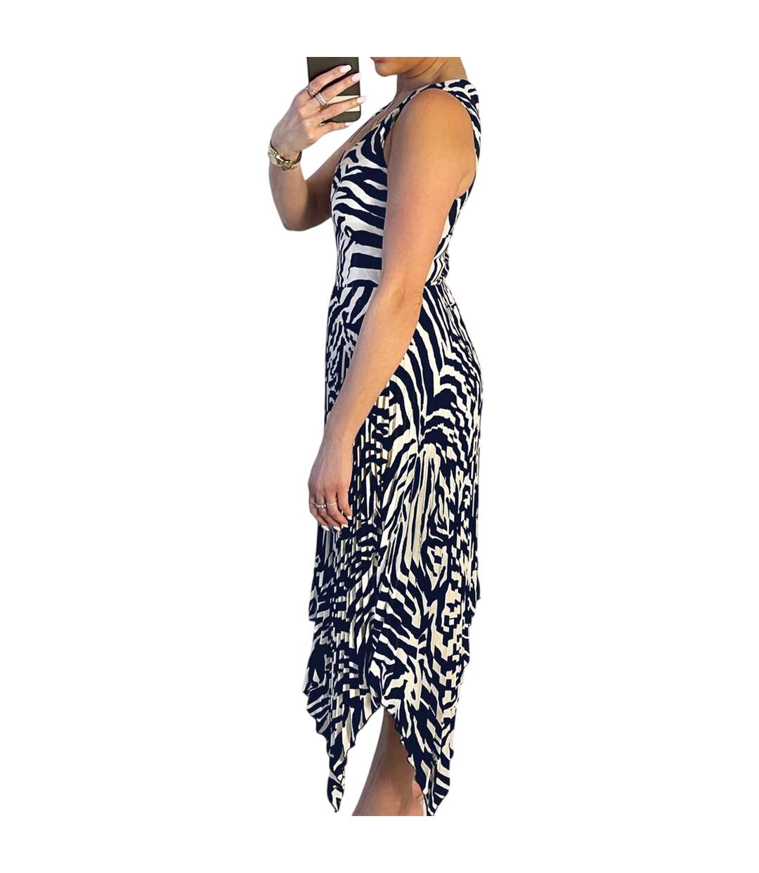 Womens/ladies Zebra Print Pleated Midi Dress Navy Cream AX Paris-3