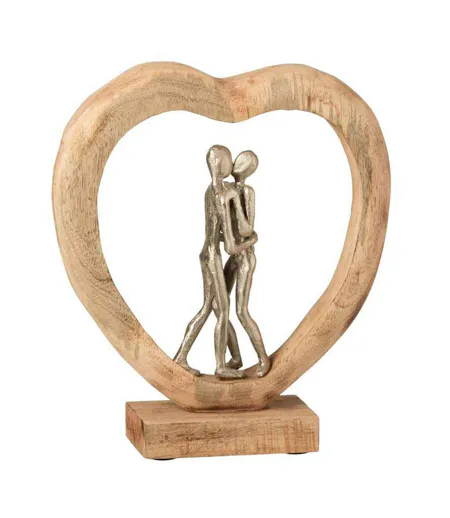 Statue Déco en Bois Couple & Cœur 35cm Naturel
