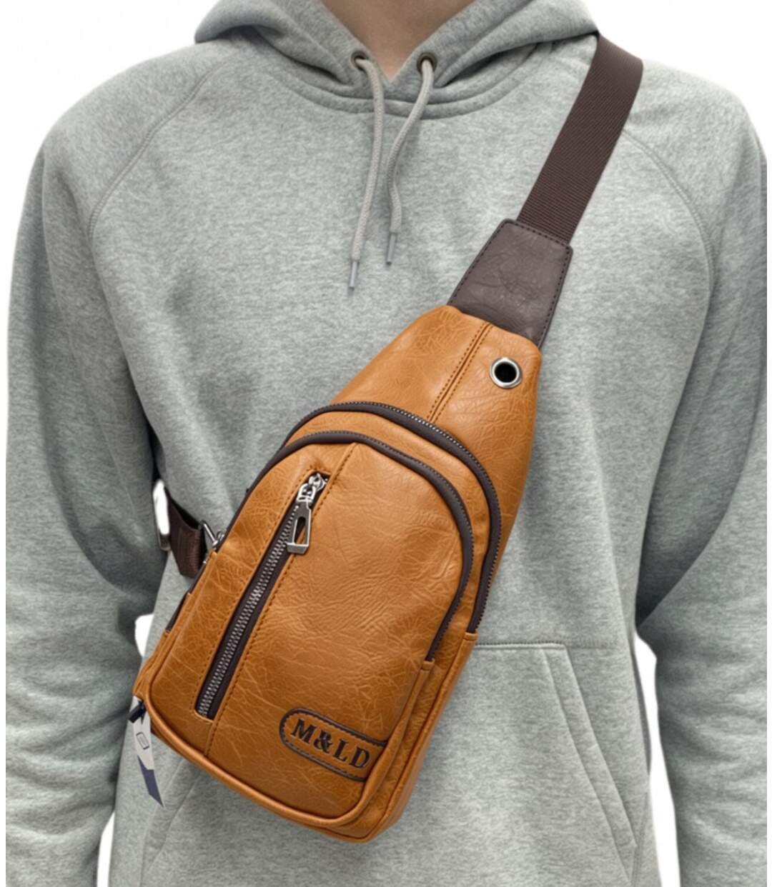 Sac body-bag en simili cuir camel pour homme - Elégance décontractée avec poches multifonctions-3