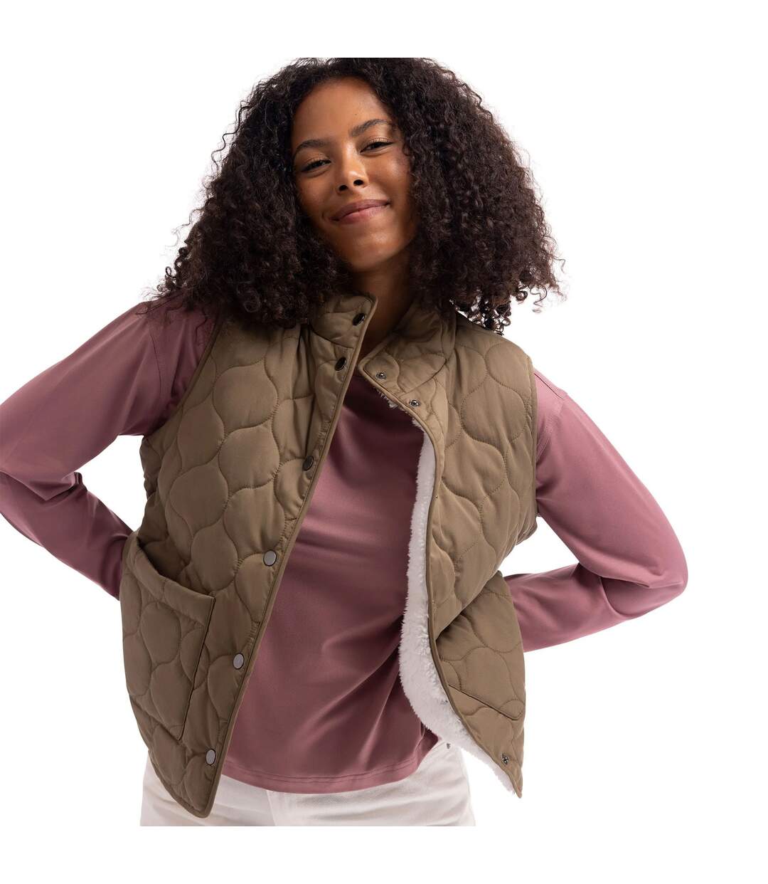 Veste Matelassée Et Unie Sans Manches À Col Montant Edwina Femme Kaki Clair Trespass-4