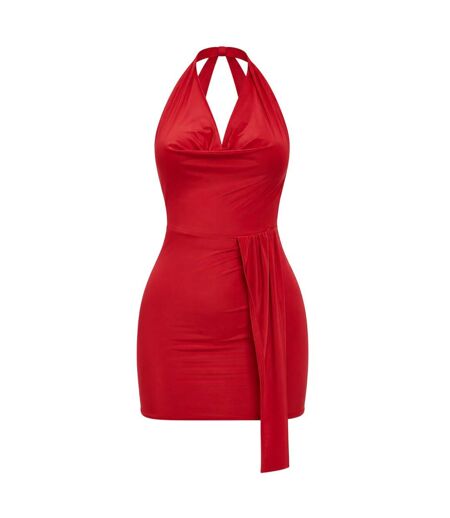 Womens/ladies Bum Ruched Cowl Neck Mini Dress Red Missy Empire