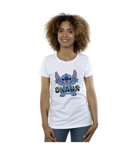 Disney Femmes/Les femmes Lilo And Stitch Ohana Blue Glitch Cotton T-Shirt (Blanc) - UTBI25841