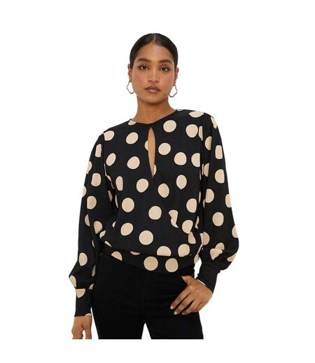 Womens/ladies spotted keyhole long-sleeved top black/cream Dorothy Perkins