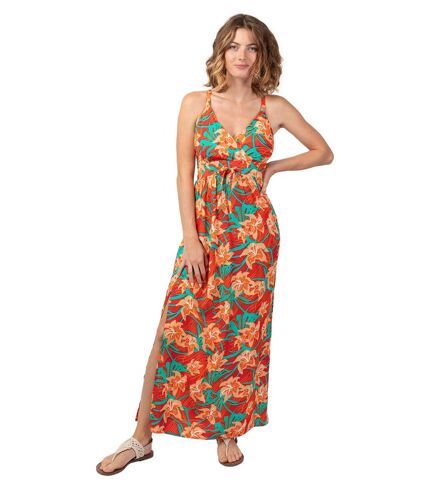 Robe longue fendue GLORIA fines bretelles motif fleuri tropical Coton Du Monde