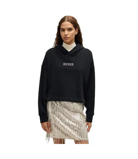Sweat À Capuche Avec Cordons Motif/style Strass Femme Noir Boss