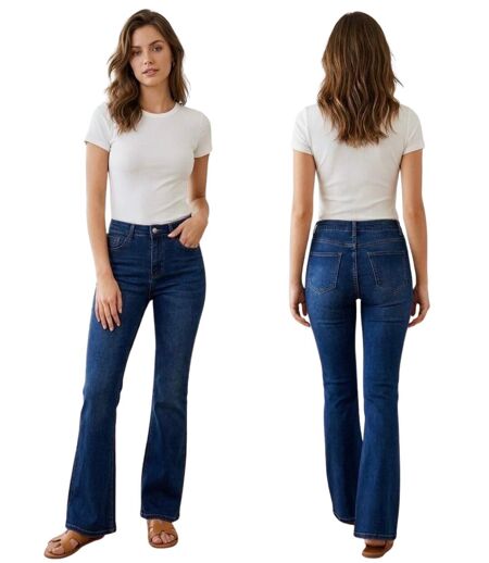 Jean femme évasé bleu - Taille haute - Coupe tendance incontournable - Grande taille