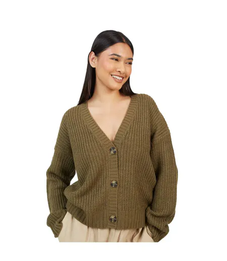 Womens/ladies Fisherman Ribbed Cardigan Khaki Brave Soul