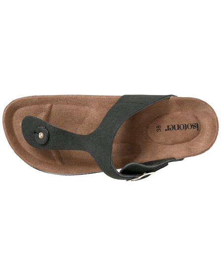 Isotoner Sandales femme à simple bride tong noir, semelle intérieur patch talon ultra confortables