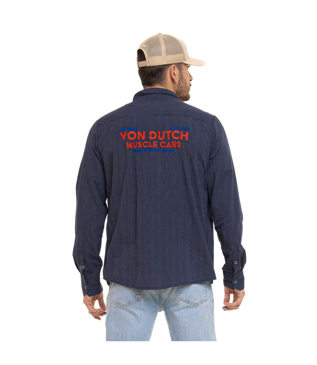 Chemise homme manches longues à rayures patch et broderie dos Musc Vondutch-2