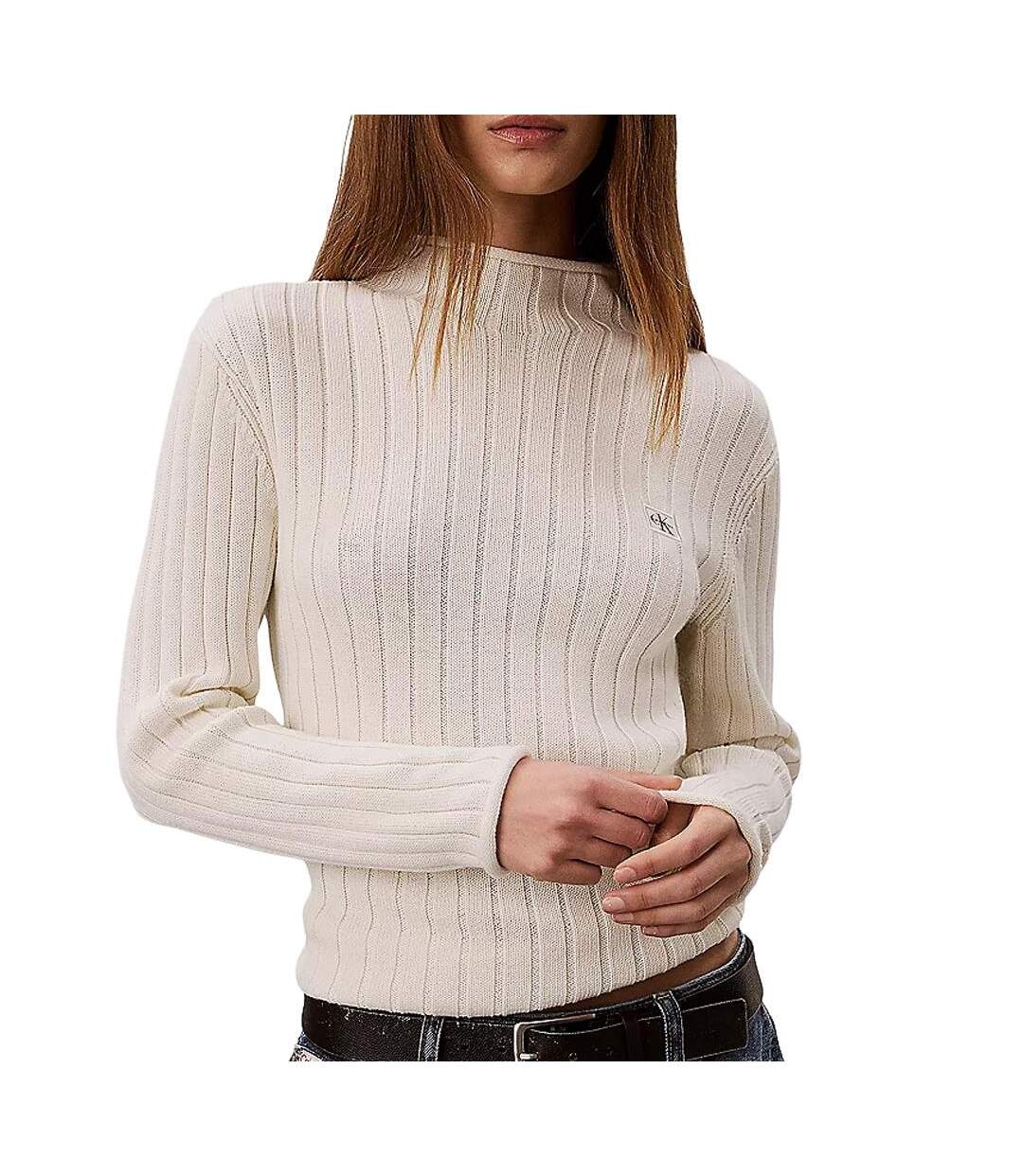 Pull beige femme calvin klein jeans woven label-1