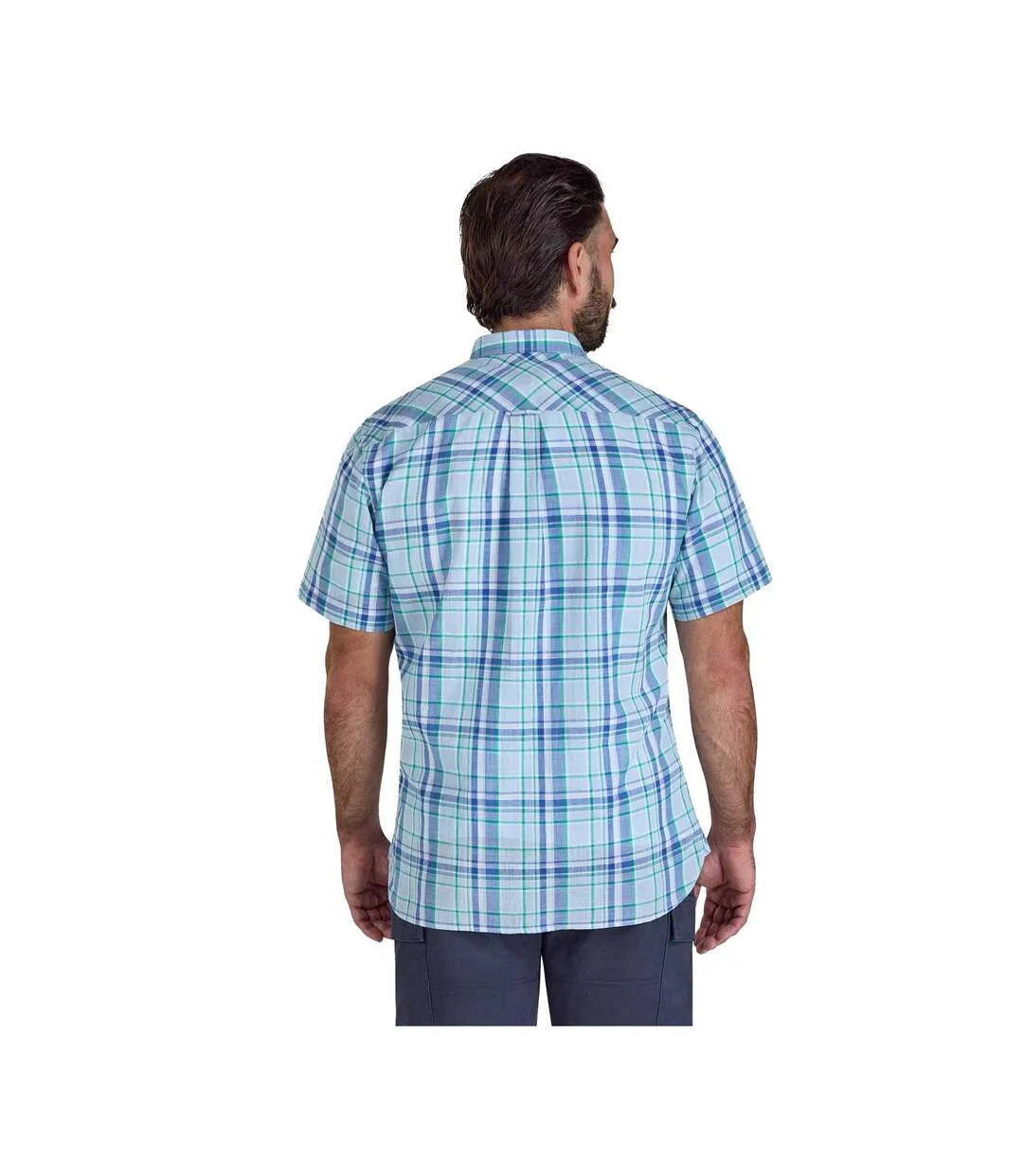 Mens Pacific Checked Linen-look Short-sleeved Shirt Sky Blue Raging Bull-3
