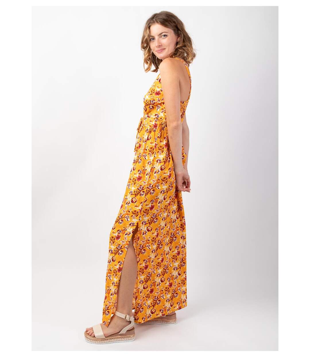 Robe longue femme été fluide GLORIA imprimé fleurs sur fond jaune Coton Du Monde-3