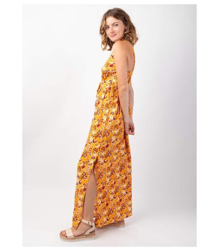 Robe longue femme été fluide GLORIA imprimé fleurs sur fond jaune Coton Du Monde