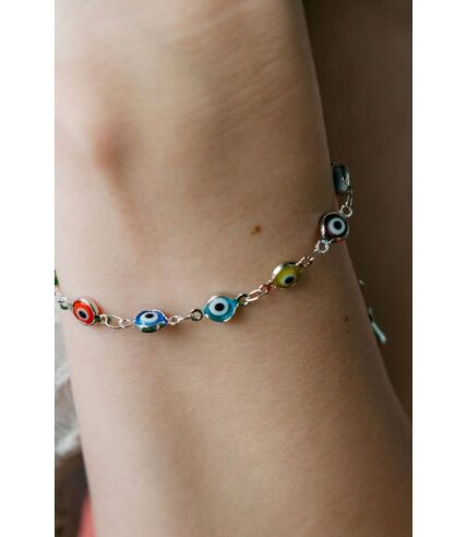 Colourful Silver Plated Turkish Evil Eye Charm Bead Protection Rainbow Bracelet