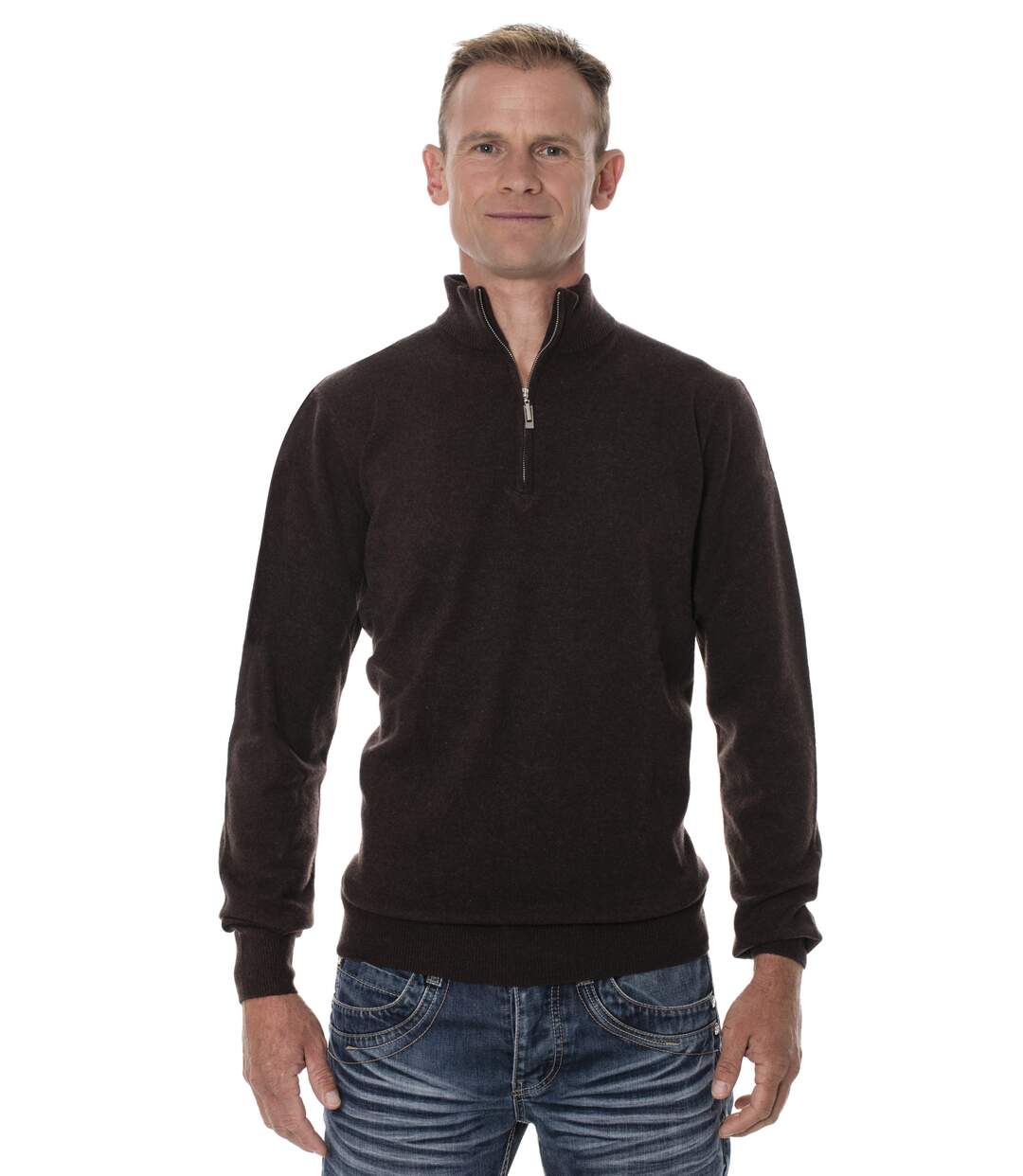 Pull col zippé homme laine de yak marron-2