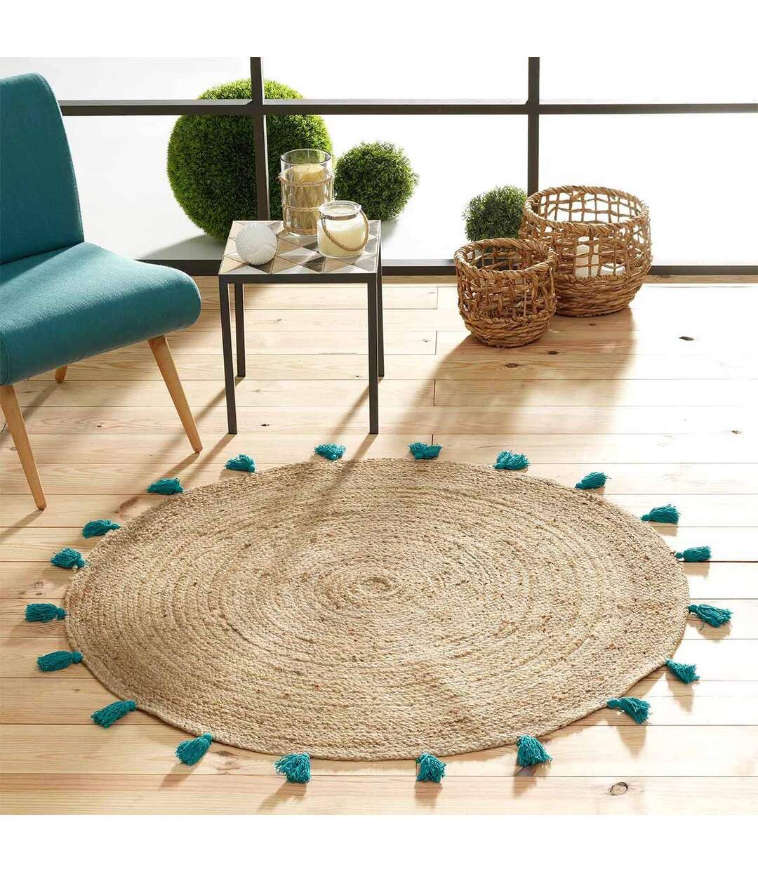 Tapis Déco Rond en Jute Shira 120cm Turquoise-5