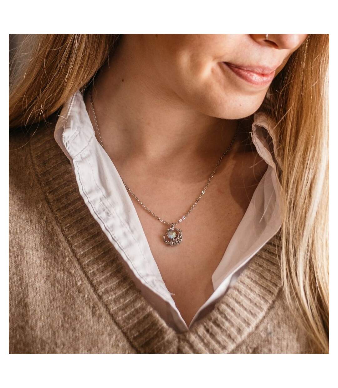 Silver Rose Gold Half Moon Zircon Minimalist Pendant Necklace-1