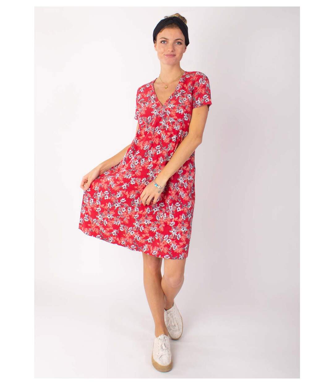 Robe babydoll manches courtes DINA imprimé fleuri rouge Coton Du Monde