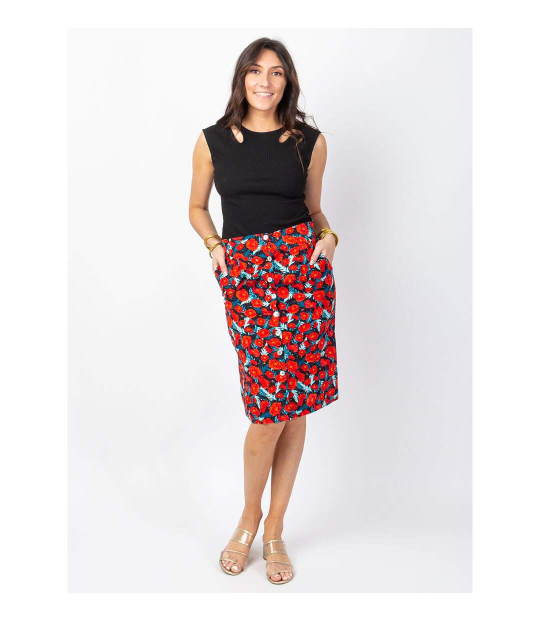 Jupe midi fleurie TRACY rouge Coton Du Monde