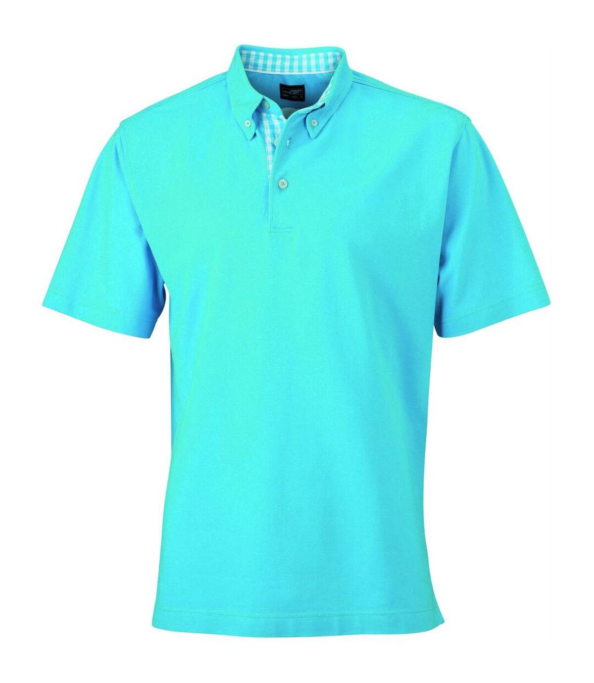 Polo inserts vichy HOMME JN964 - bleu turquoise col turquoise-blanc
