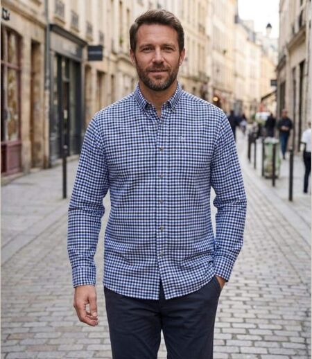 CHALLENGER CH2022 — Chemise à carreaux manches longues bleue : chaleur en Coton gratté et coupe confort