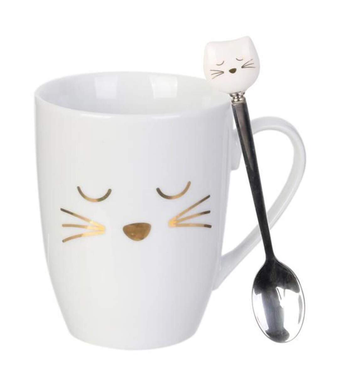 Mug Déco avec Cuillère Chat 11cm Blanc-1