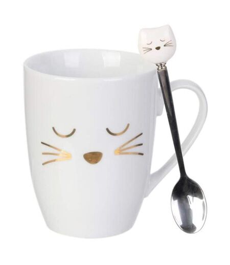 Mug Déco avec Cuillère Chat 11cm Blanc