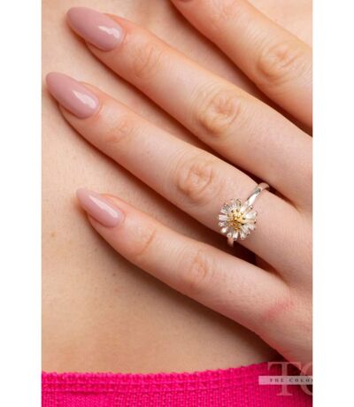 Silver Sunflower Daisy Tiny Slim Adjustable Floral Stackable Ring