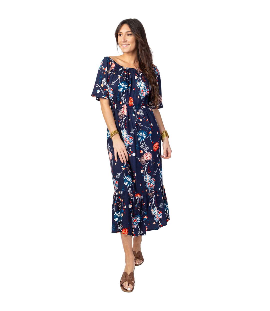 Robe longue chic DALIA col bardot imprimé fleuri bleu Coton Du Monde