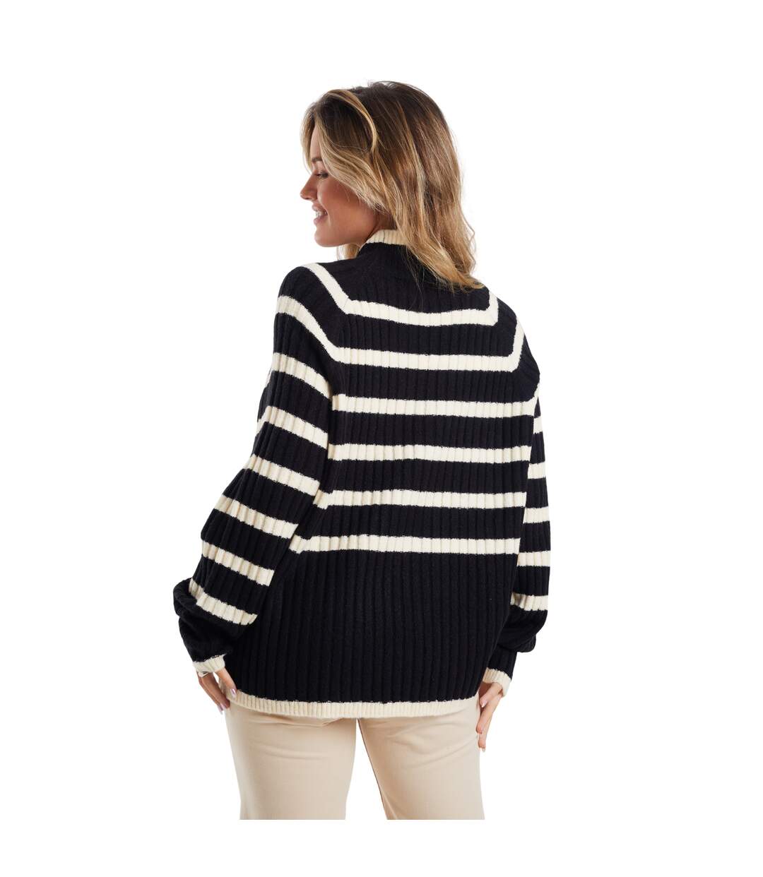 Womens/ladies Striped Mossy Yarn Jumper Black Cream Brave Soul-3