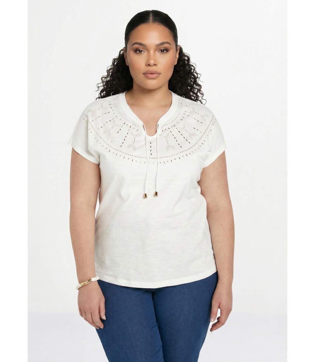 T-shirt court uni clouté maille flammée-1