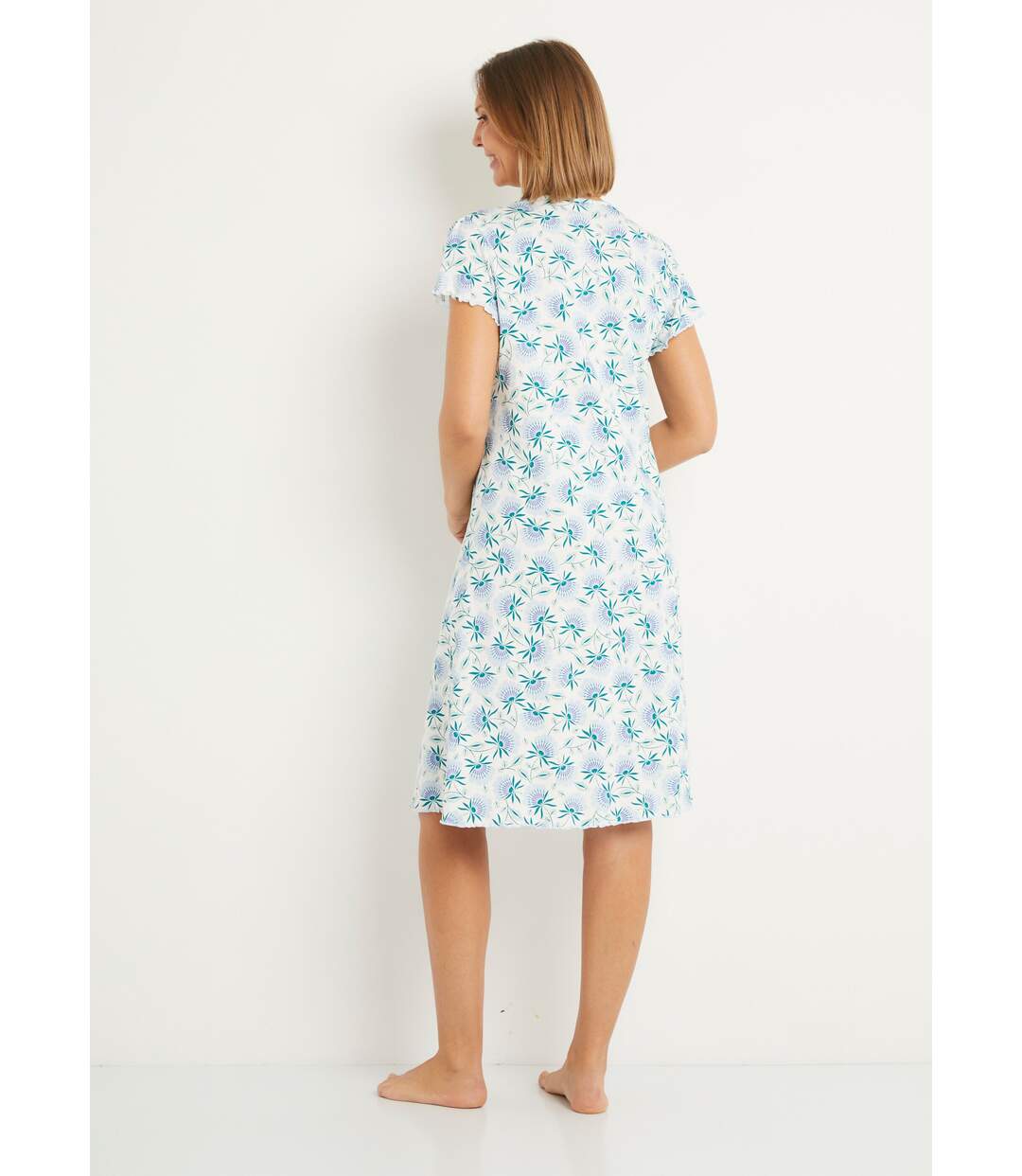 Chemise de nuit coton fleuri dentelle mi longue-2