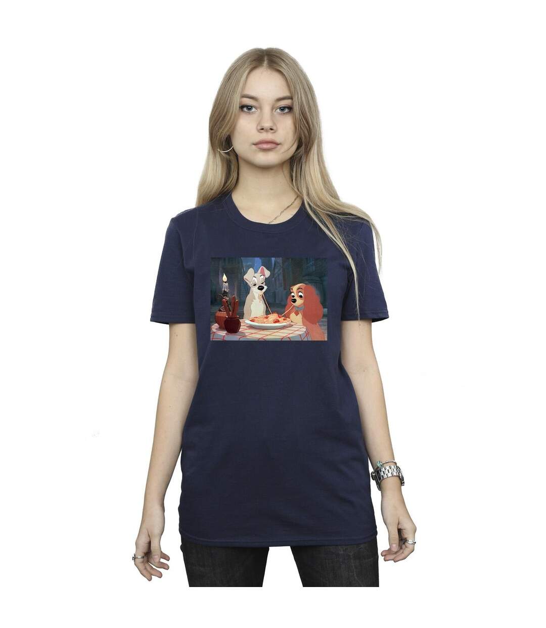 Disney Femme/Ladies Lady And The Tramp Photo Spaghetti Coton Boyfriend T-Shirt (Bleu marine) - UTBI30743-2