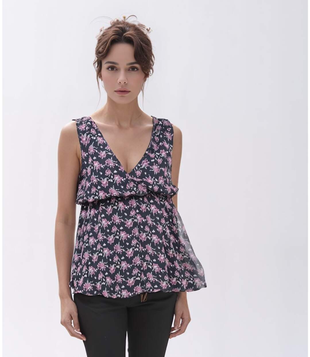 Tunique femme sans manches motif liberty col V élastiquée sous poitrine voile doublé LAVAND-4