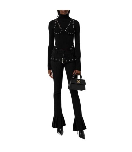 Womens/ladies Eyelets Mock Neck Top Black Off White
