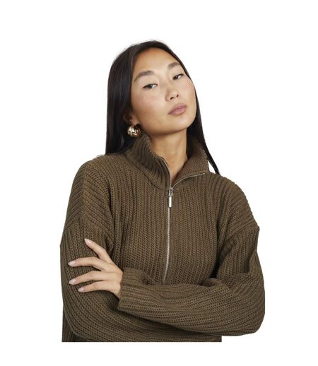 Womens/ladies Fisherman Zip Neck Jumper Khaki Brave Soul