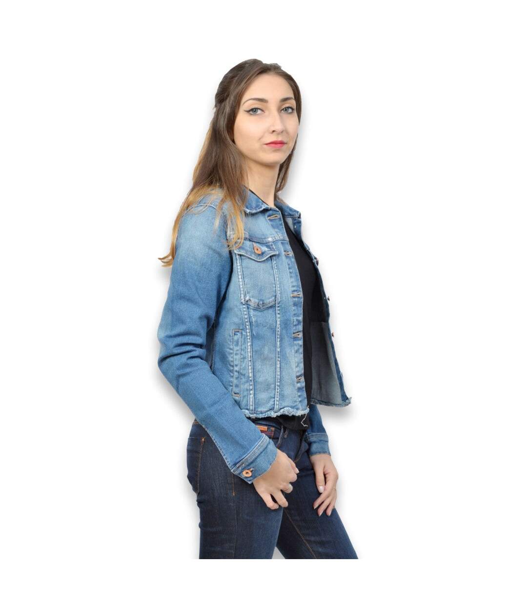 Blouson femme manches longues en jean court stone used-3