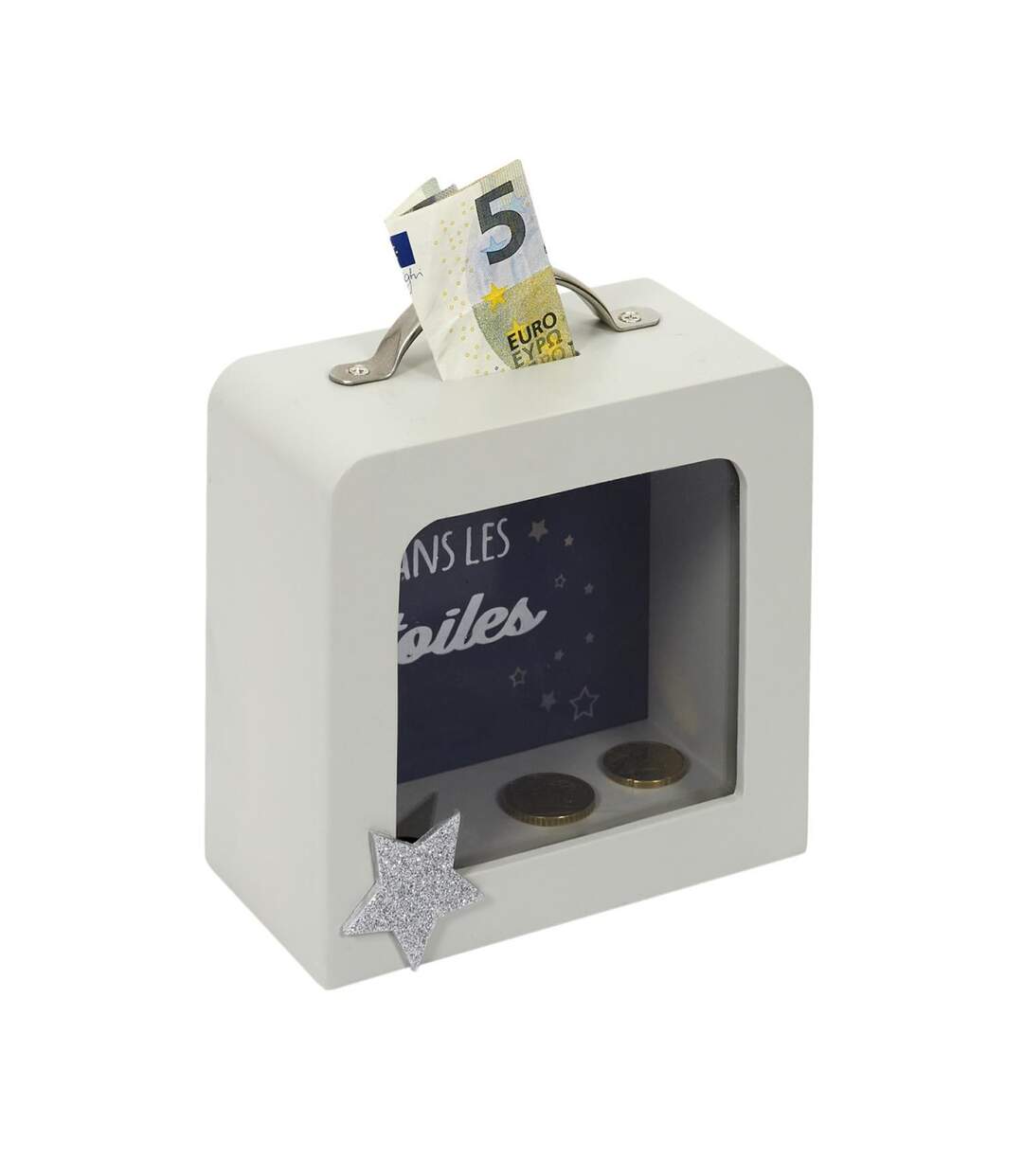 Tirelire Déco Enfant Valise 15cm Blanc & Gris-3