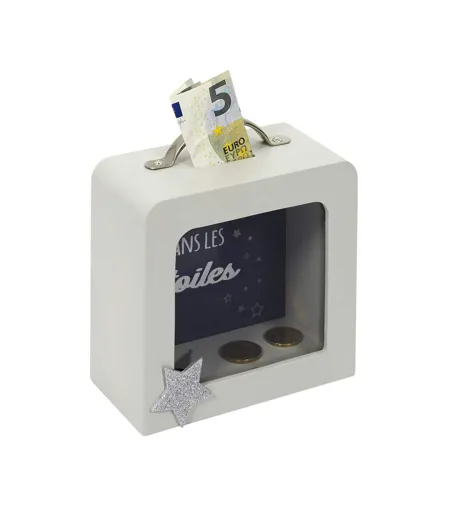 Tirelire Déco Enfant Valise 15cm Blanc & Gris
