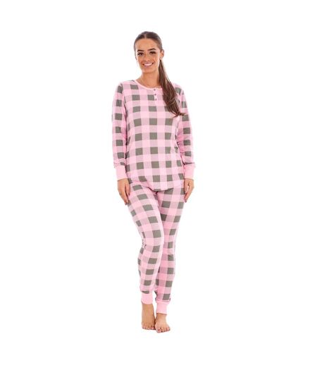 Womens/ladies Buffalo Check Thermal Long Pyjama Set Pink Grey Keanu