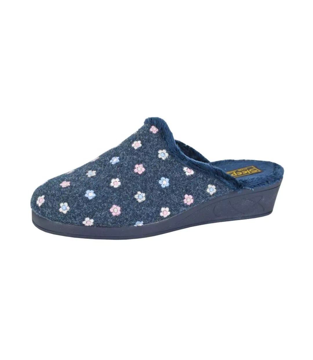 Chaussons Mules Style Broderie Florale Josephine Femme Bleu Marine Sleepers-1