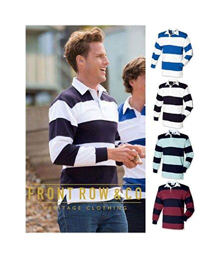 Front Row Sewn Stripe Long Sleeve Sports Rugby Polo Shirt (White & Navy (White collar)) - UTRW476