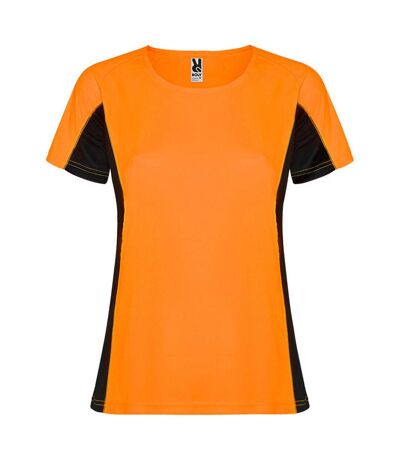 T-shirt shanghai femme orange fluo / noir uni Roly