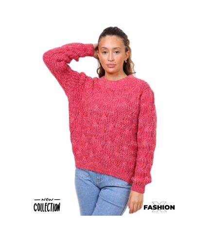 Pull femme col ras du cou manches longues - Couleur fuschia