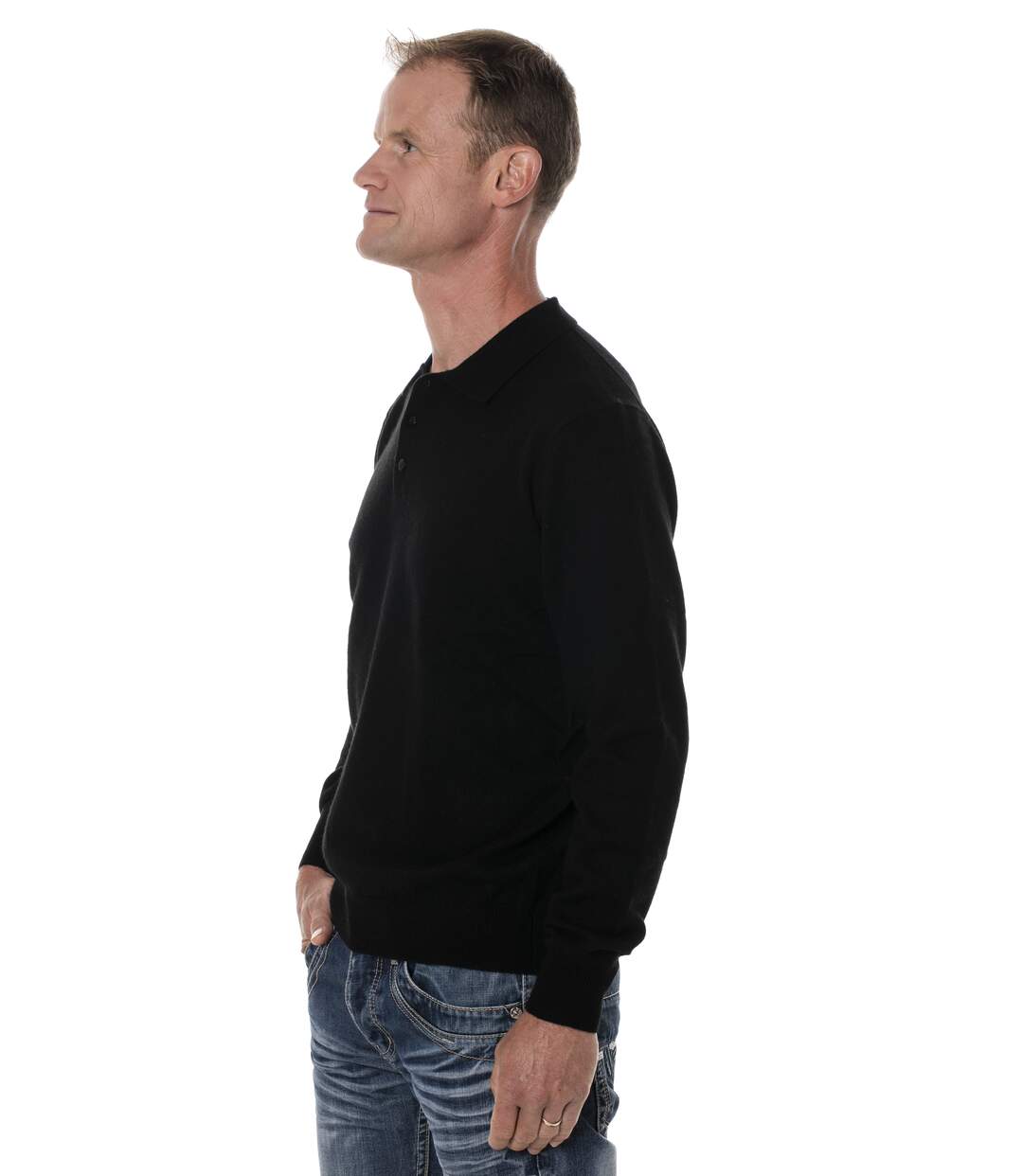 Pull homme laine de yak col polo noir-2